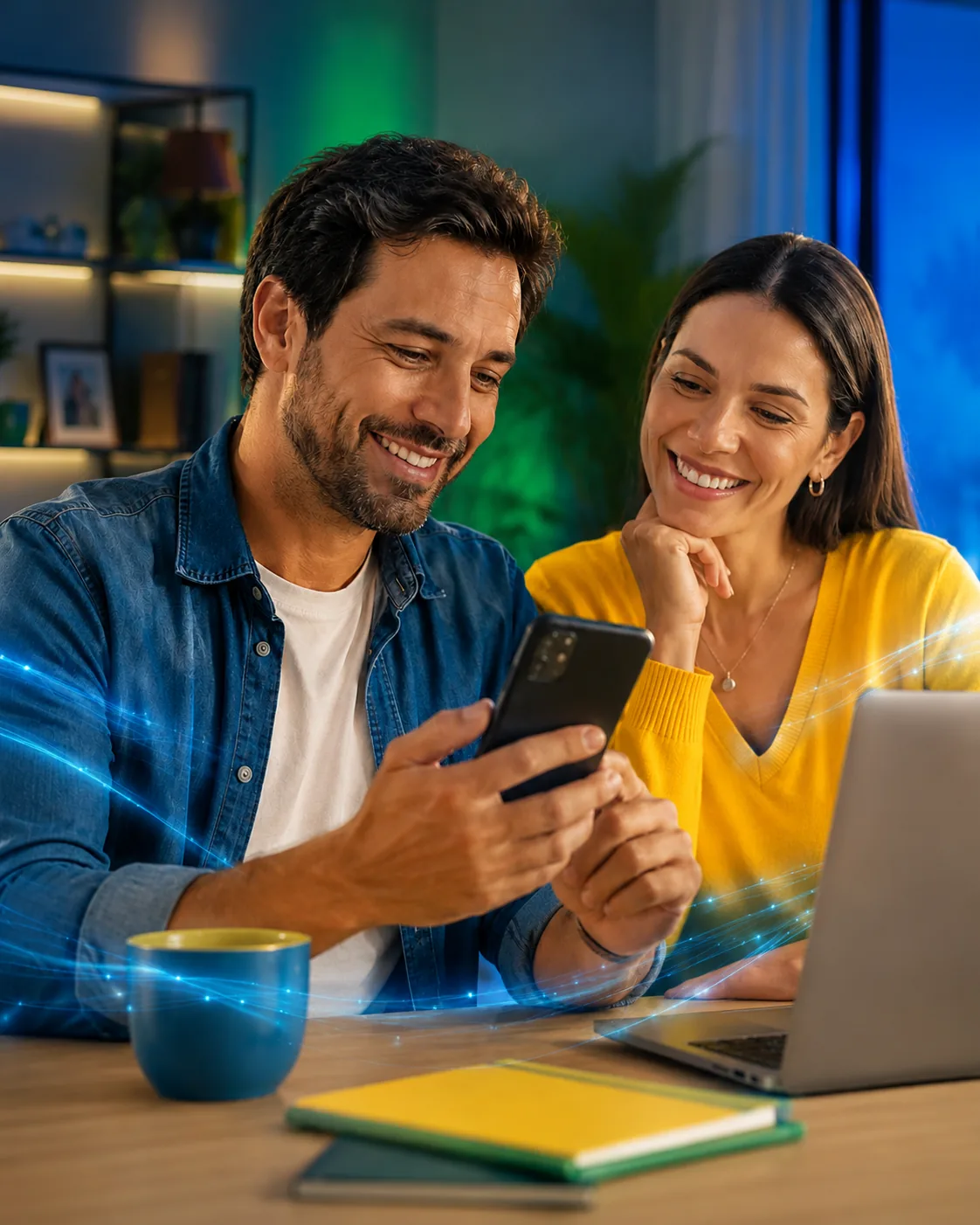 Casal brasileiro usando o celular para conferir e realizar a participação no Concurso Cultural abcRede