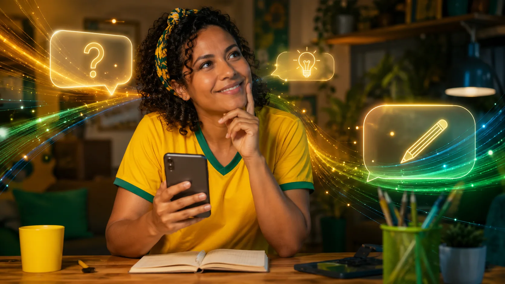 Mulher brasileira pensando na resposta e na frase criativa para participar do Concurso Cultural abcRede