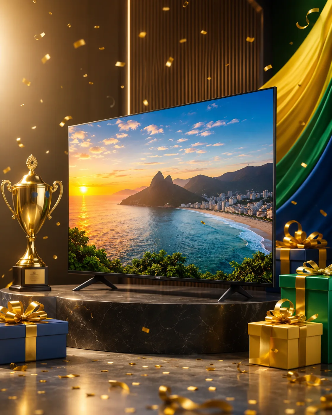 TV LG 50 polegadas, troféu e presentes representando os prêmios do Concurso Cultural abcRede